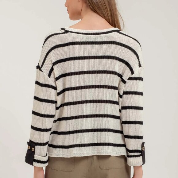 NWT Black Striped Relaxed 3/4 Cuffed Sleeve Knit Top - Picture 4 of 4